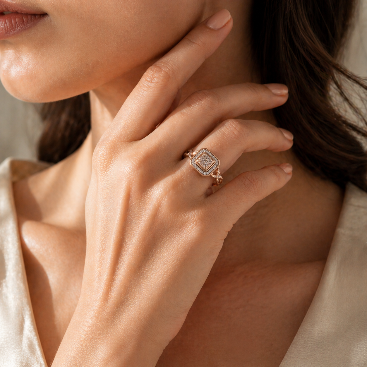 Blush Radiance Diamond Cluster Ring-10K Rose Gold Diamond Cluster Ring with Side Accents