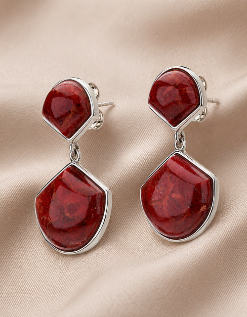 Load image into Gallery viewer, Crimson Fan Coral Drop Earrings – Rhodium Over Sterling Silver
