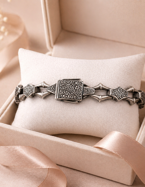 Load image into Gallery viewer, Heritage Forge Silver Bracelet-Heavy 926 Sterling Silver Engraved Link Bracelet – Ornate Artisan Box Clasp (8.66")
