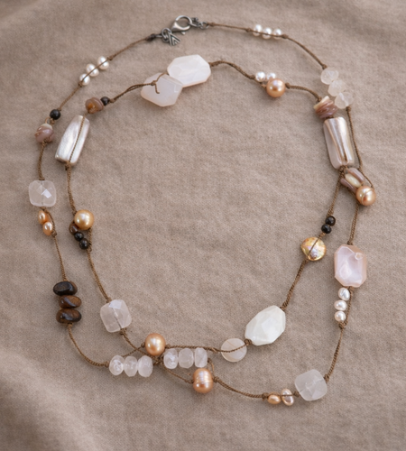 Pre-Owned Silpada Rose Quartz Pearl Corded Long Necklace - Retired Design