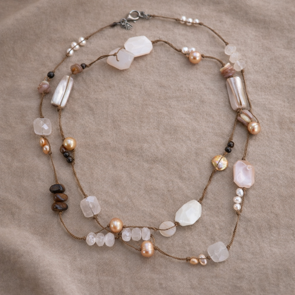 Pre-Owned Silpada Rose Quartz Pearl Corded Long Necklace - Retired Design