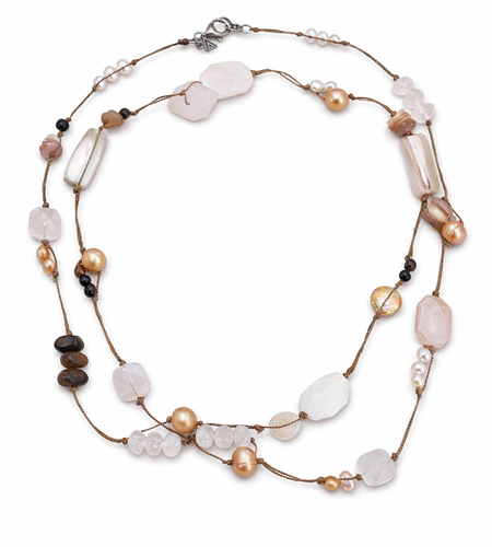 Pre-Owned Silpada Rose Quartz Pearl Corded Long Necklace - Retired Design