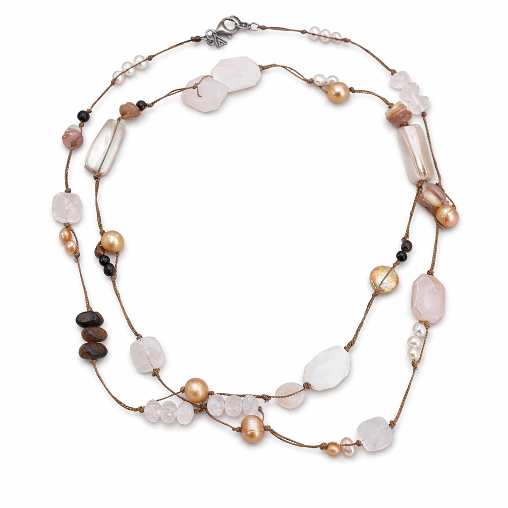 Pre-Owned Silpada Rose Quartz Pearl Corded Long Necklace - Retired Design