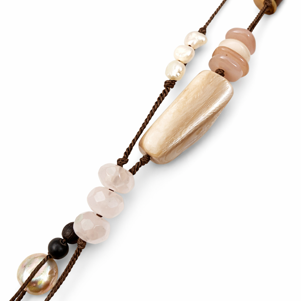 Pre-Owned Silpada Rose Quartz Pearl Corded Long Necklace - Retired Design
