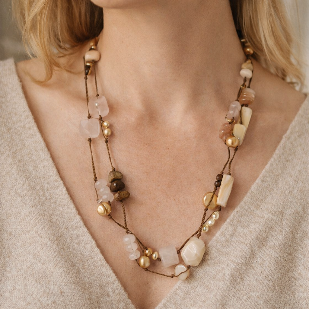 Pre-Owned Silpada Rose Quartz Pearl Corded Long Necklace - Retired Design