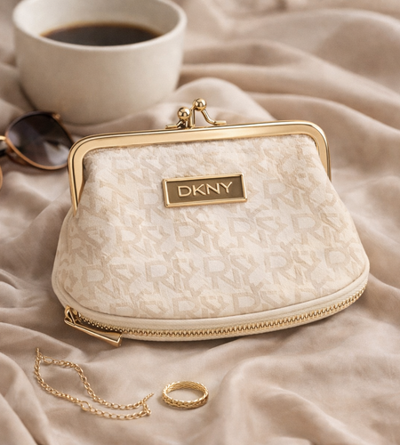 DKNY Logo Kiss-Lock Coin Purse – Cream & Gold Mini Clutch (Pre-Owned)