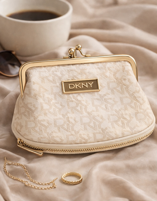 Load image into Gallery viewer, DKNY Logo Kiss-Lock Coin Purse – Cream &amp; Gold Mini Clutch (Pre-Owned)
