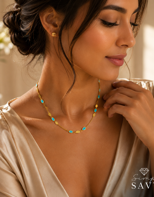 Load image into Gallery viewer, 14K Yellow Gold Hexagon Turquoise Inlay Links Necklace
