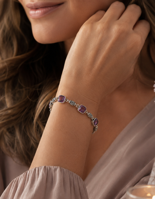 Load image into Gallery viewer, Bali Artisan Sterling Silver Amethyst Bracelet – Handcrafted 925 Silver Luxury Gemstone Link Bracelet
