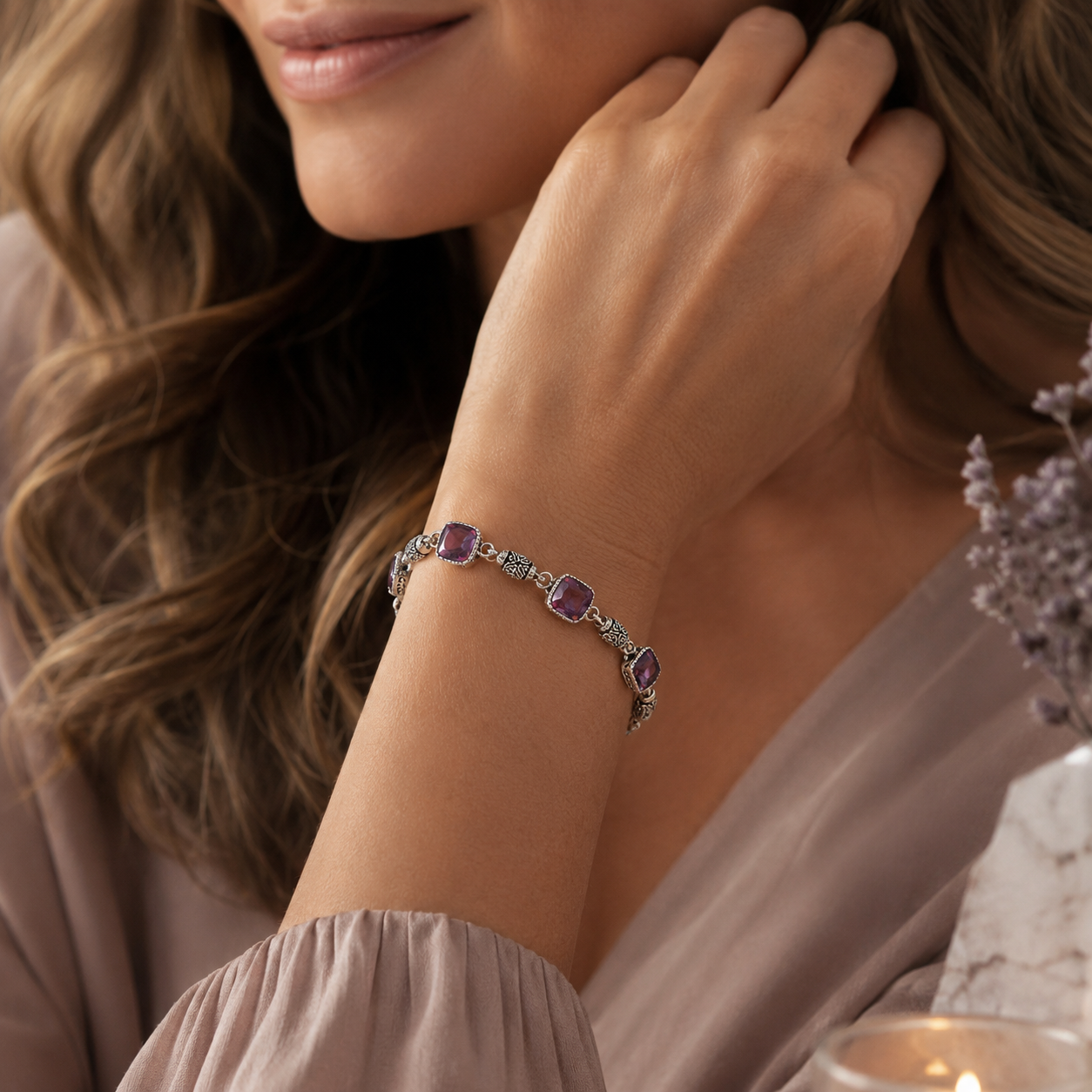 Bali Artisan Sterling Silver Amethyst Bracelet – Handcrafted 925 Silver Luxury Gemstone Link Bracelet