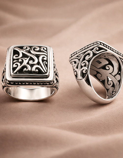 Load image into Gallery viewer, Simply Savvy Men’s Bali Sterling Silver Signet Ring Square Filigree 925 Artisan Statement Ring
