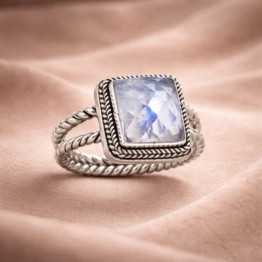 Simply Savvy Bali Artisan Sterling Silver Rainbow Moonstone Ring – Handcrafted 925 Silver – Luxury Moonstone Statement Ring