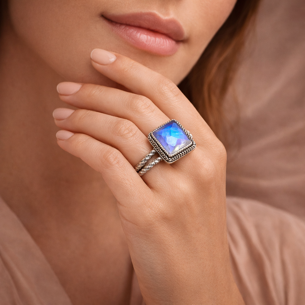 Simply Savvy Bali Artisan Sterling Silver Rainbow Moonstone Ring – Handcrafted 925 Silver – Luxury Moonstone Statement Ring