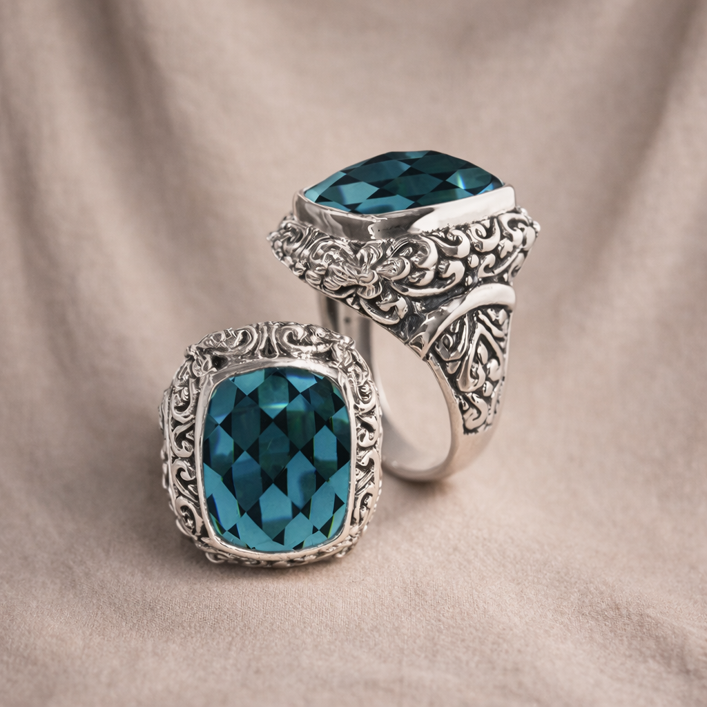 Simply Savvy Bali Artisan Sterling Silver London Blue Topaz Ring – Handcrafted 925 Silver Luxury Statement Ring