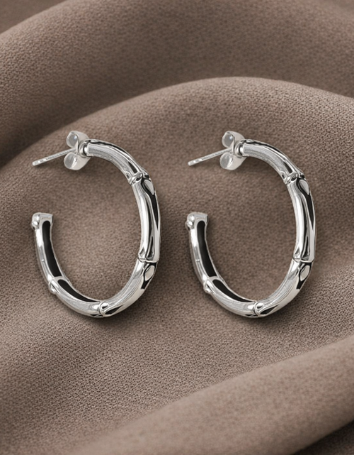 Load image into Gallery viewer, Simply Savvy Bali Artisan Sterling Silver Bamboo Hoop Earrings – Handcrafted 925 Silver Luxury Hoop Earrings
