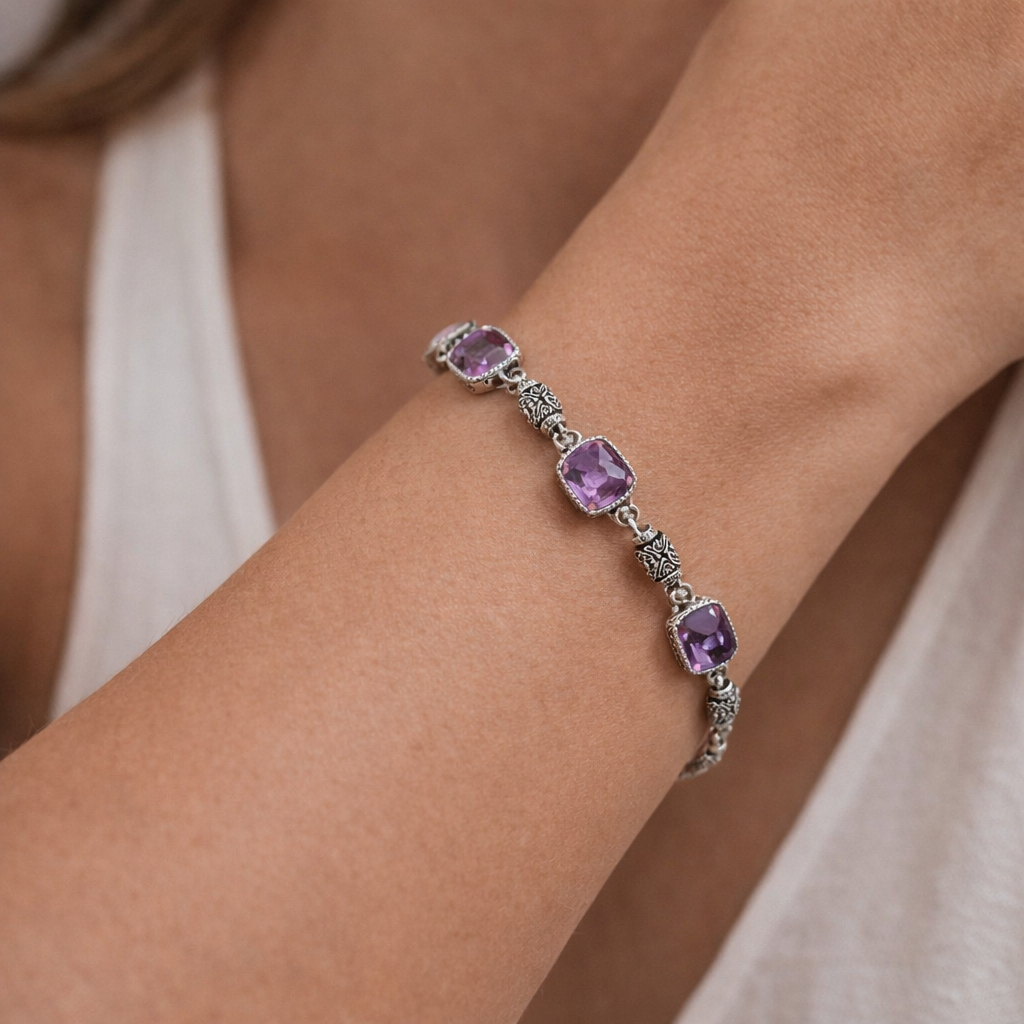Simply Savvy Bali Artisan Sterling Silver Amethyst Bracelet – Handcrafted 925 Silver Luxury Gemstone Link Bracelet