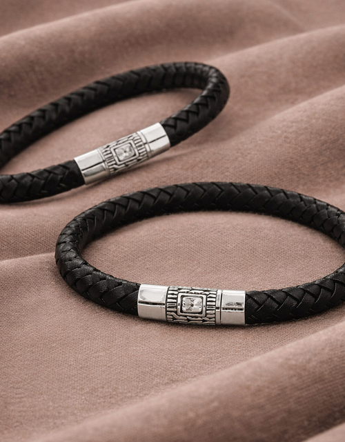 Load image into Gallery viewer, Simply Savvy Bali Artisan Black Leather &amp; Sterling Silver Bracelet – Handcrafted 925 Silver Luxury Men’s &amp; Unisex Bracelet
