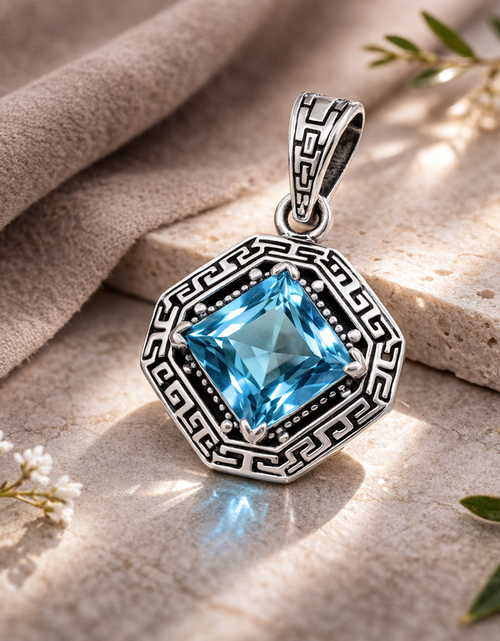 Load image into Gallery viewer, Simply Savvy Bali Artisan Sterling Silver Azure Key Pendant – Handcrafted 925 Silver Luxury Blue Topaz Gemstone Pendant
