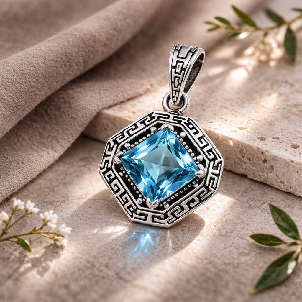 Simply Savvy Bali Artisan Sterling Silver Azure Key Pendant – Handcrafted 925 Silver Luxury Blue Topaz Gemstone Pendant