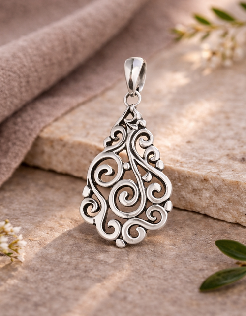 Load image into Gallery viewer, Simply Savvy Bali Artisan Sterling Silver Filigree Teardrop Pendant – Handcrafted 925 Silver Luxury Openwork Pendant
