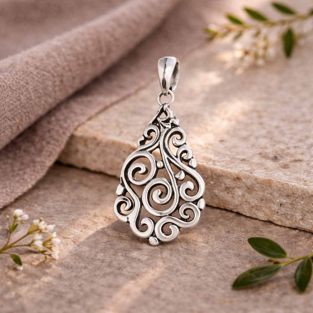 Simply Savvy Bali Artisan Sterling Silver Filigree Teardrop Pendant – Handcrafted 925 Silver Luxury Openwork Pendant