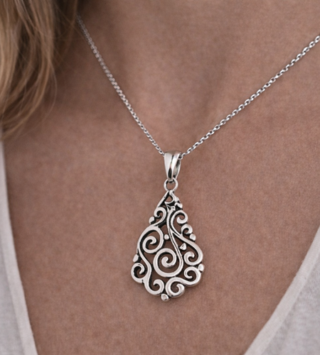 Bali Artisan Sterling Silver Filigree Teardrop Pendant – Handcrafted 925 Silver Luxury Openwork Pendant