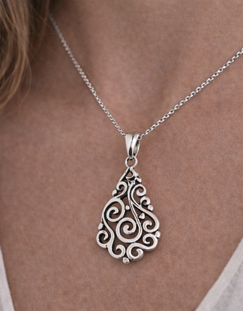 Load image into Gallery viewer, Simply Savvy Bali Artisan Sterling Silver Filigree Teardrop Pendant – Handcrafted 925 Silver Luxury Openwork Pendant
