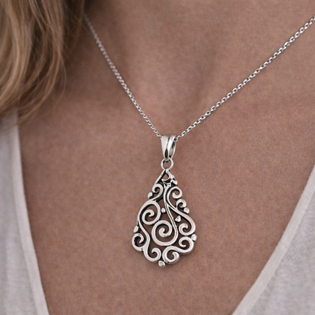 Simply Savvy Bali Artisan Sterling Silver Filigree Teardrop Pendant – Handcrafted 925 Silver Luxury Openwork Pendant