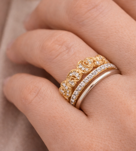14K Yellow Gold Diamond Crescent Stackable Band Ring – 1/10 CTW