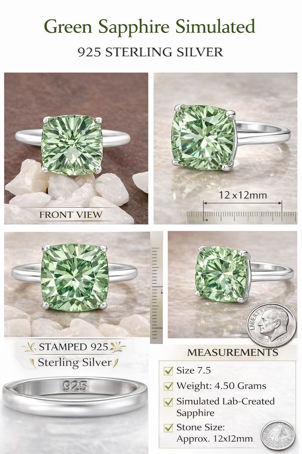 Green Sapphire Simulated Ring 925 Sterling Silver 12mm Size 7.5