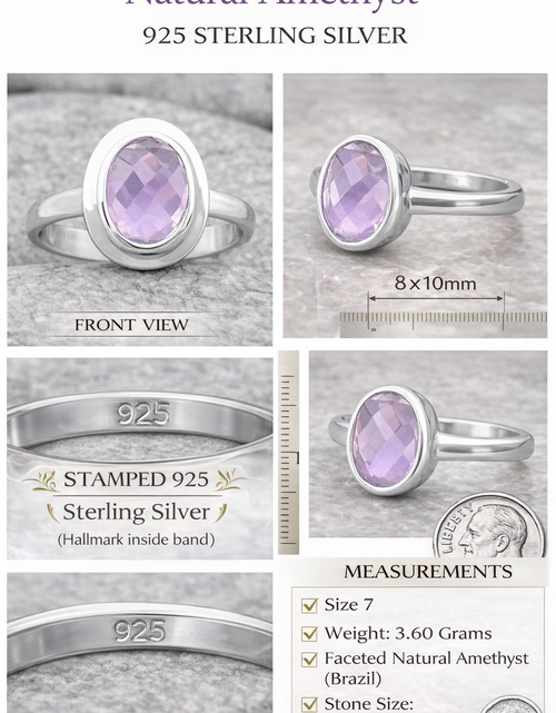 Load image into Gallery viewer, Natural Amethyst Brazil Ring 925 Sterling Silver Size 7 – 8x10mm Faceted Gemstone
