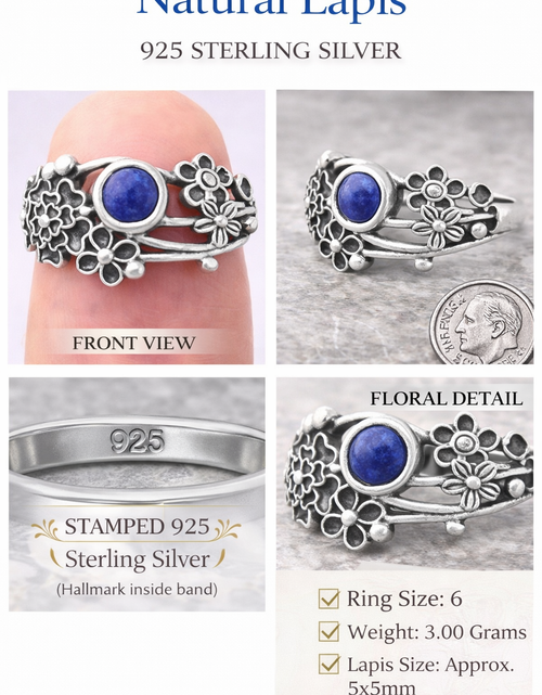 Load image into Gallery viewer, 925 Sterling Silver Natural Lapis Floral Ring – Size 6 Boho Flower Statement Ring
