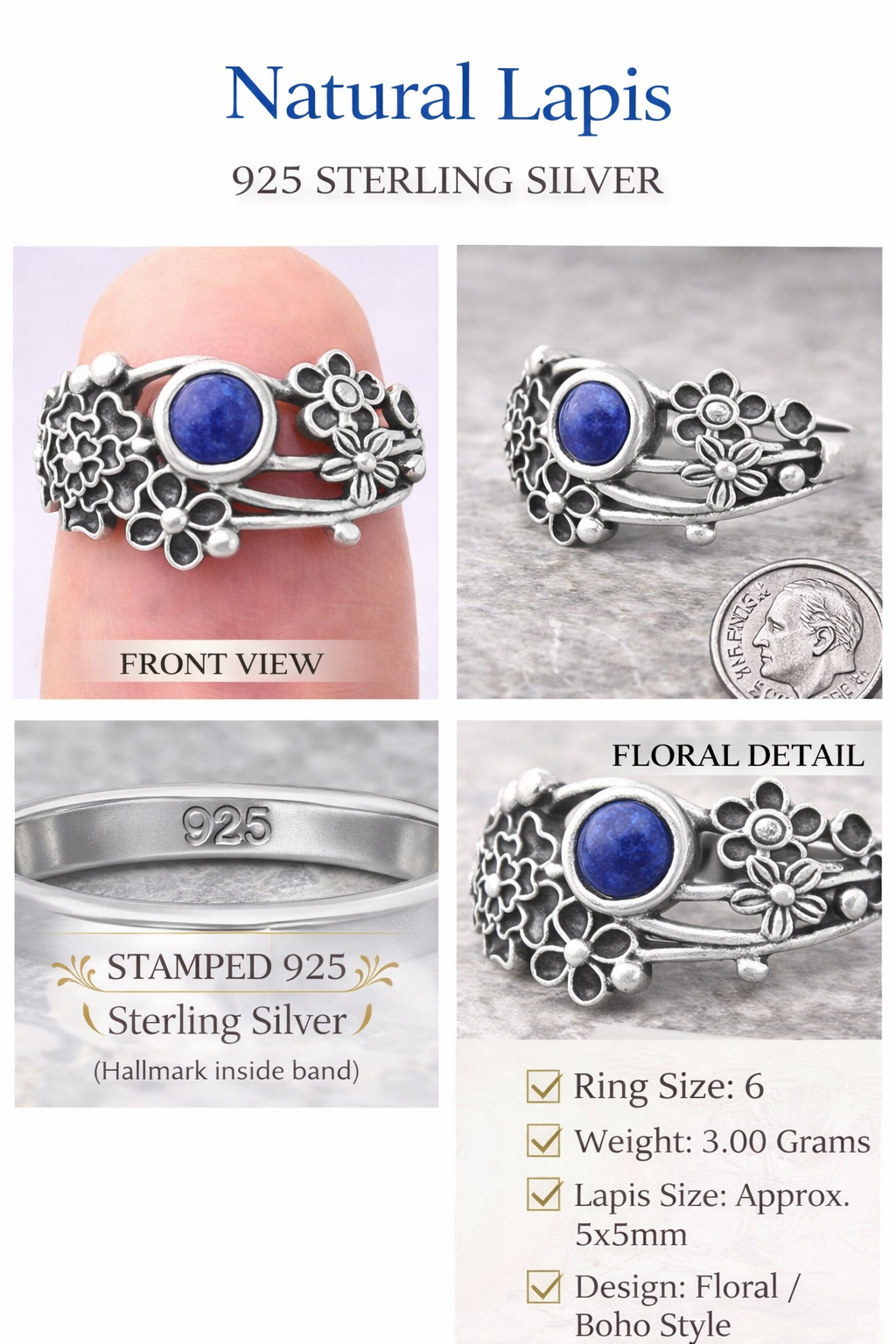 925 Sterling Silver Natural Lapis Floral Ring – Size 6 Boho Flower Statement Ring