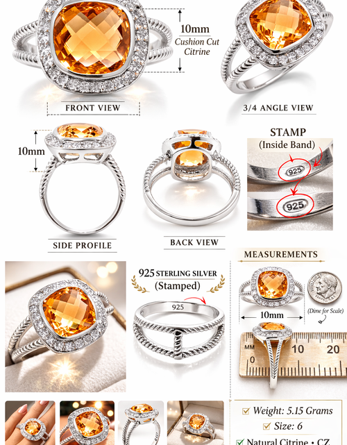 Load image into Gallery viewer, Natural Citrine Cushion Halo Ring 925 Sterling Silver 10mm Size 6 November Birthstone
