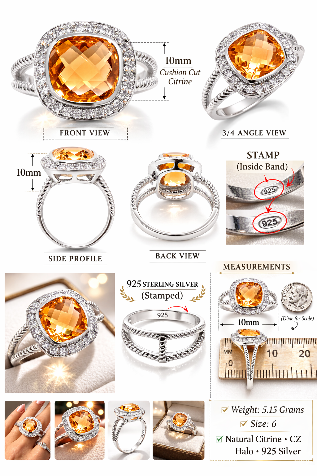 Natural Citrine Cushion Halo Ring 925 Sterling Silver 10mm Size 6 November Birthstone