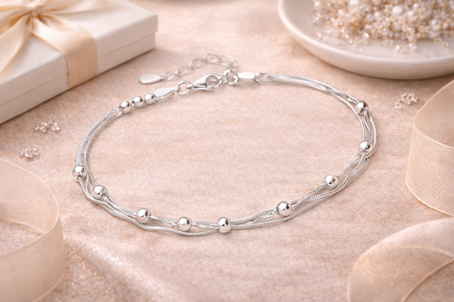 925 Sterling Silver Multi Strand Snake Chain Bead Bracelet – "Silver Drift Bracelet"