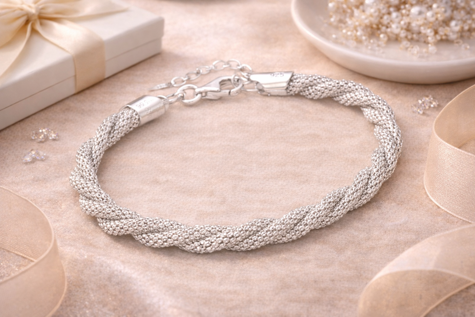 925 Sterling Silver Diamond-Cut Braided Bracelet - "Soft Shimmer Mesh Bracelet"