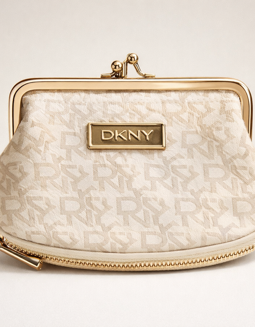 Load image into Gallery viewer, DKNY Logo Kiss-Lock Coin Purse – Cream &amp; Gold Mini Clutch (Pre-Owned)
