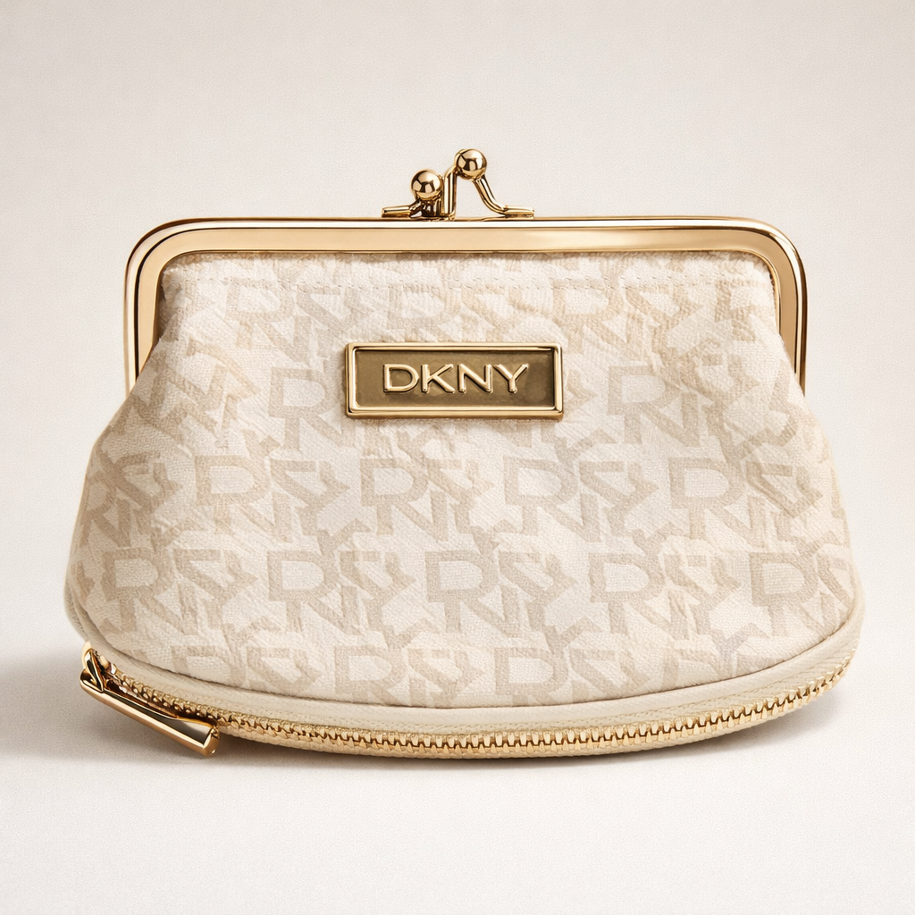 DKNY Logo Kiss-Lock Coin Purse – Cream & Gold Mini Clutch (Pre-Owned)