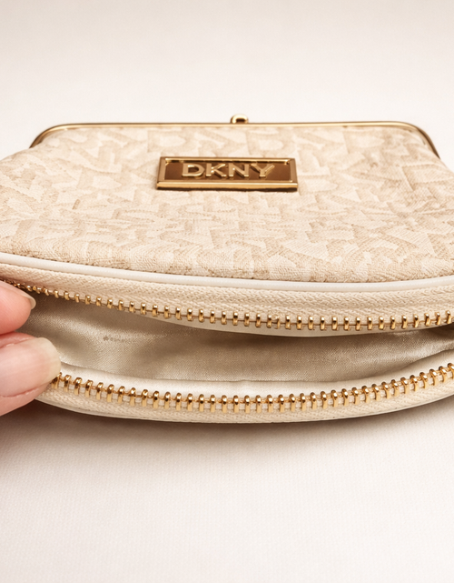 Load image into Gallery viewer, DKNY Logo Kiss-Lock Coin Purse – Cream &amp; Gold Mini Clutch (Pre-Owned)
