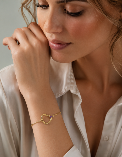 Load image into Gallery viewer, 14K Yellow Gold Amethyst Baguette Heart Bracelet – 7 Inches
