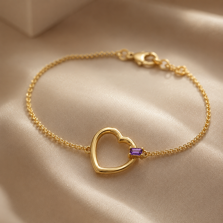 14K Yellow Gold Amethyst Baguette Heart Bracelet – 7 Inches
