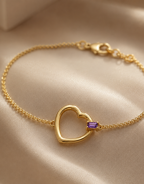 Load image into Gallery viewer, 14K Yellow Gold Amethyst Baguette Heart Bracelet – 7 Inches
