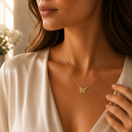 14K Yellow Gold Turquoise Butterfly Necklace 18 in Reversible Pendant