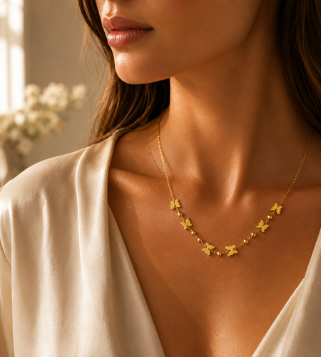 14K Yellow Gold Polished Butterfly and Bead Necklace 18 in
