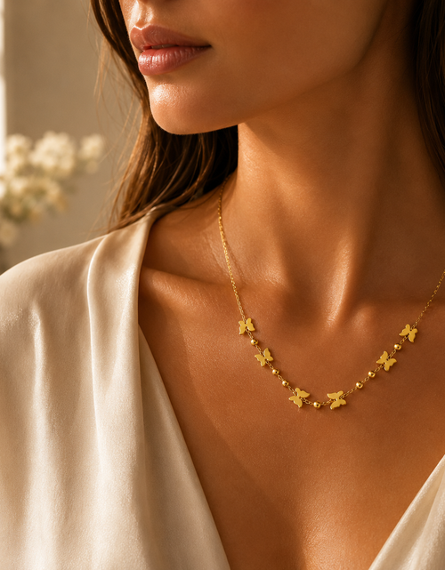 Load image into Gallery viewer, 14K Yellow Gold Polished Butterfly and Bead Necklace 18 in
