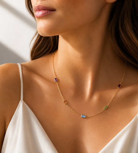 14K Yellow Gold Multi-Gemstone Baguette Paperclip Necklace 17 Inch