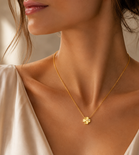 14K Yellow Gold Diamond Four-Leaf Clover Necklace 18 Inch