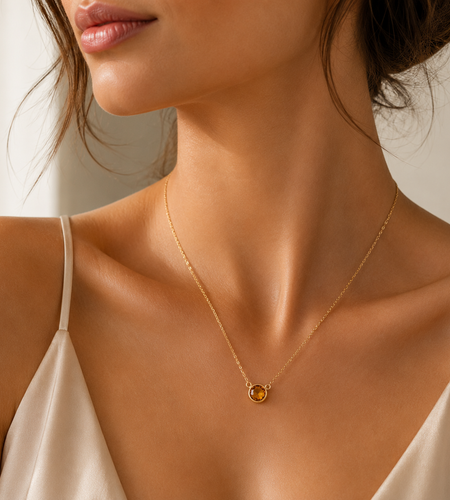 14K Yellow Gold Round Citrine Bezel Necklace 17 Inch