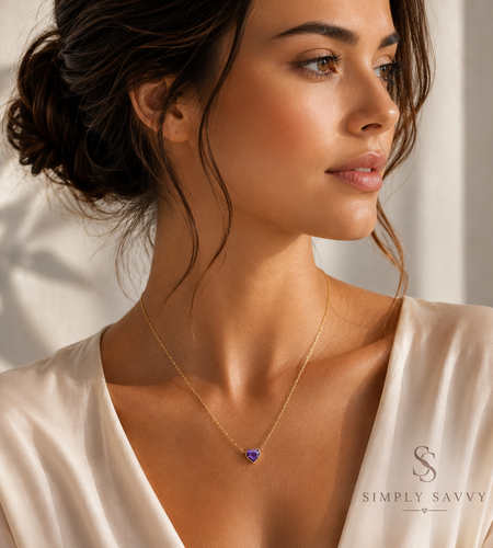 14K Yellow Gold Amethyst Heart Necklace – Adjustable 15.75 to 18 Inch